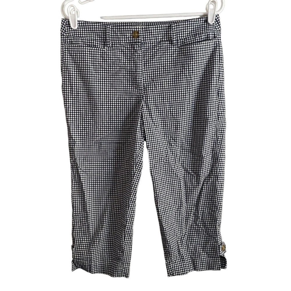 Talbots Women Petite SZ 8P Blue/White Gingham Flat Front Capri Cropped Pants
